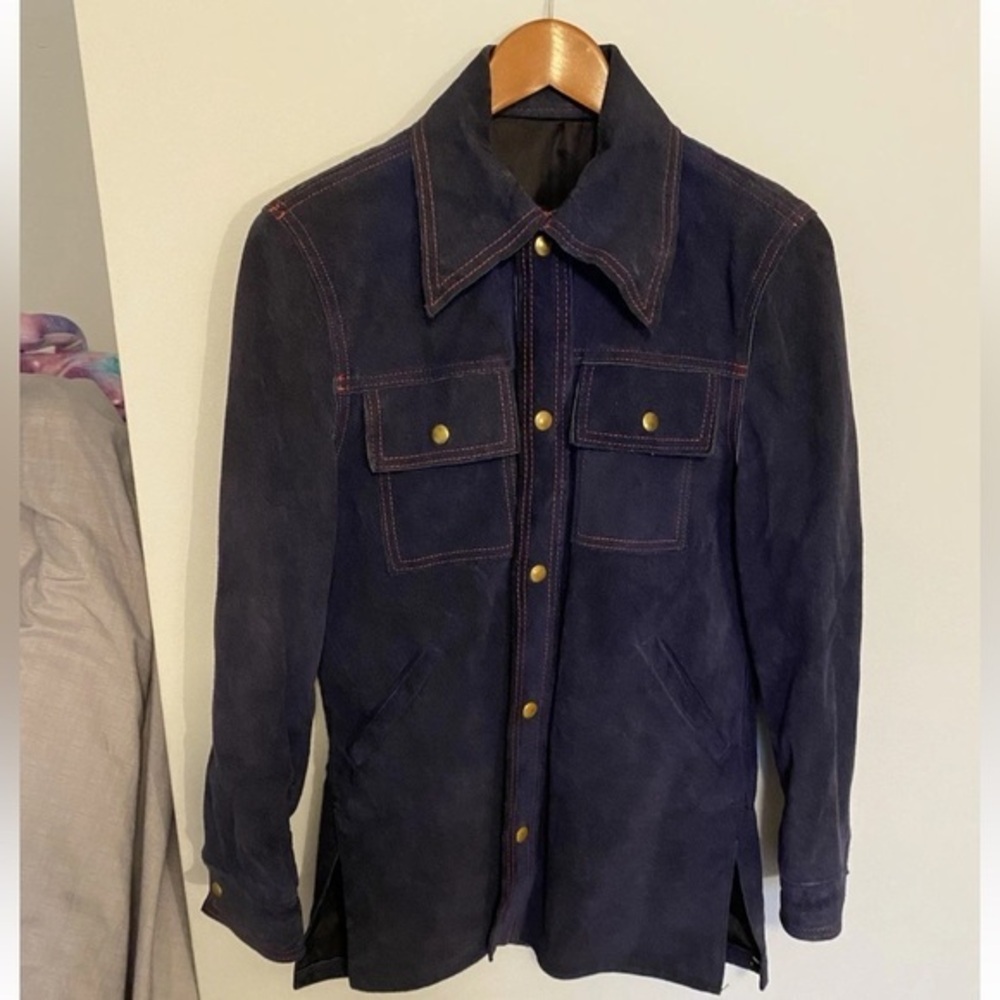 Vintage Navy Blue Suede Leather Men’s Jacket Leathercraft Jacket Front Button